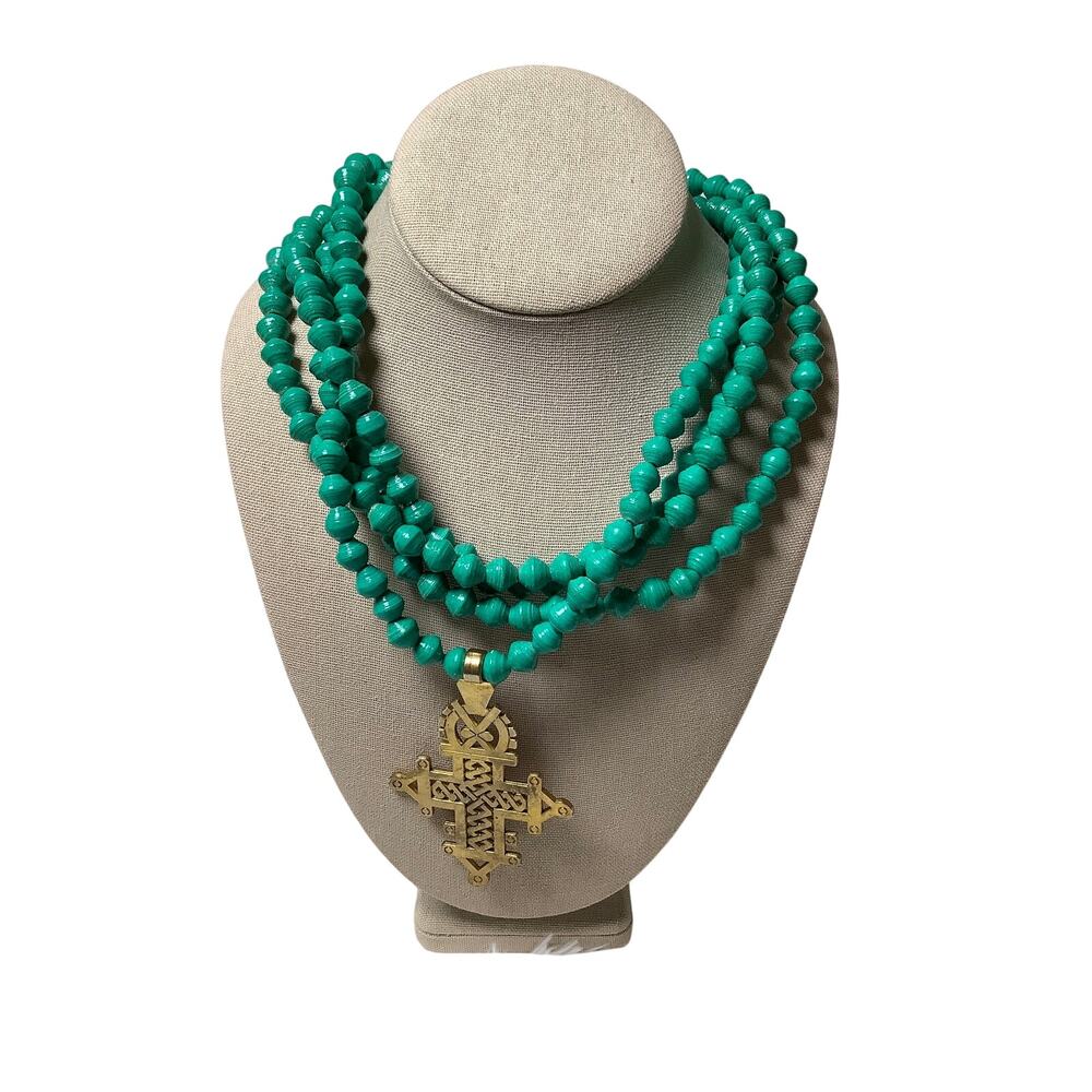 Akola Turquoise Paper Bead Multi Strand Ethiopian Coptic Cross Necklace A12-11
